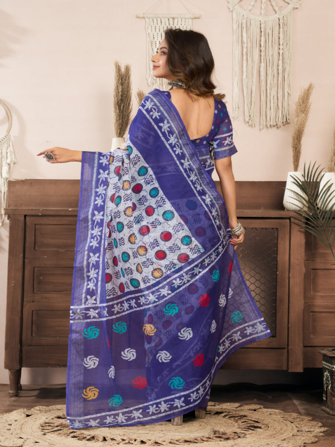 Lightweight Ready-to-Wear Linen Saree in Blue-White