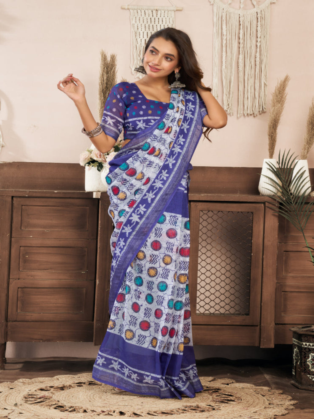 Lightweight Ready-to-Wear Linen Saree in Blue-White