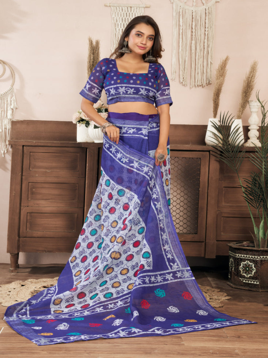 Lightweight Ready-to-Wear Linen Saree in Blue-White