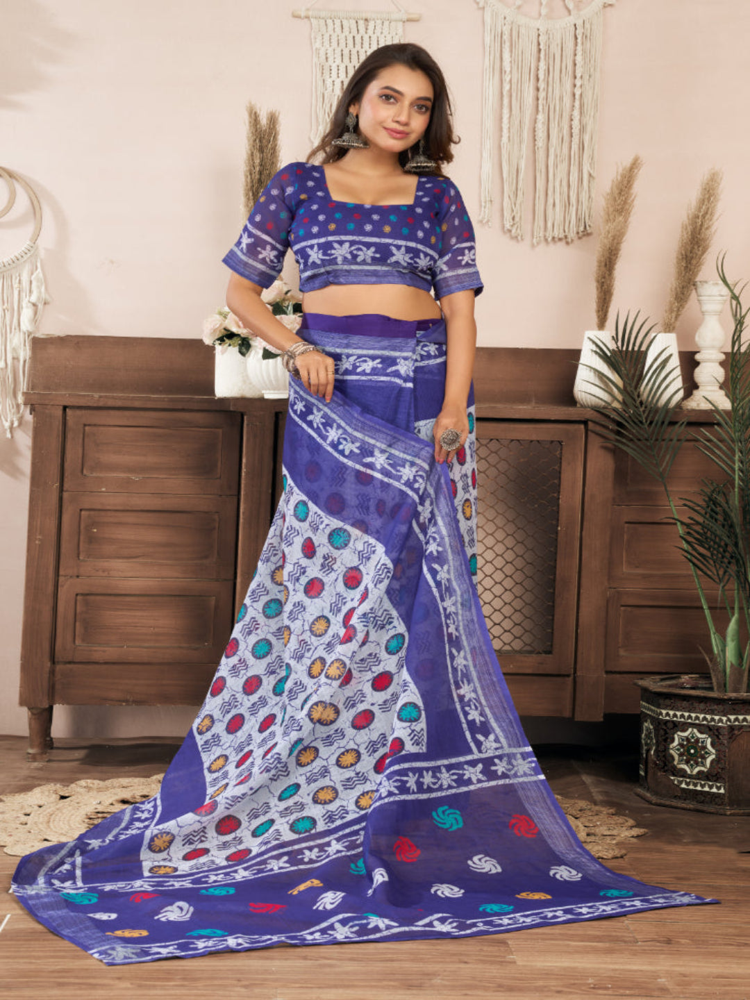Lightweight Ready-to-Wear Linen Saree in Blue-White
