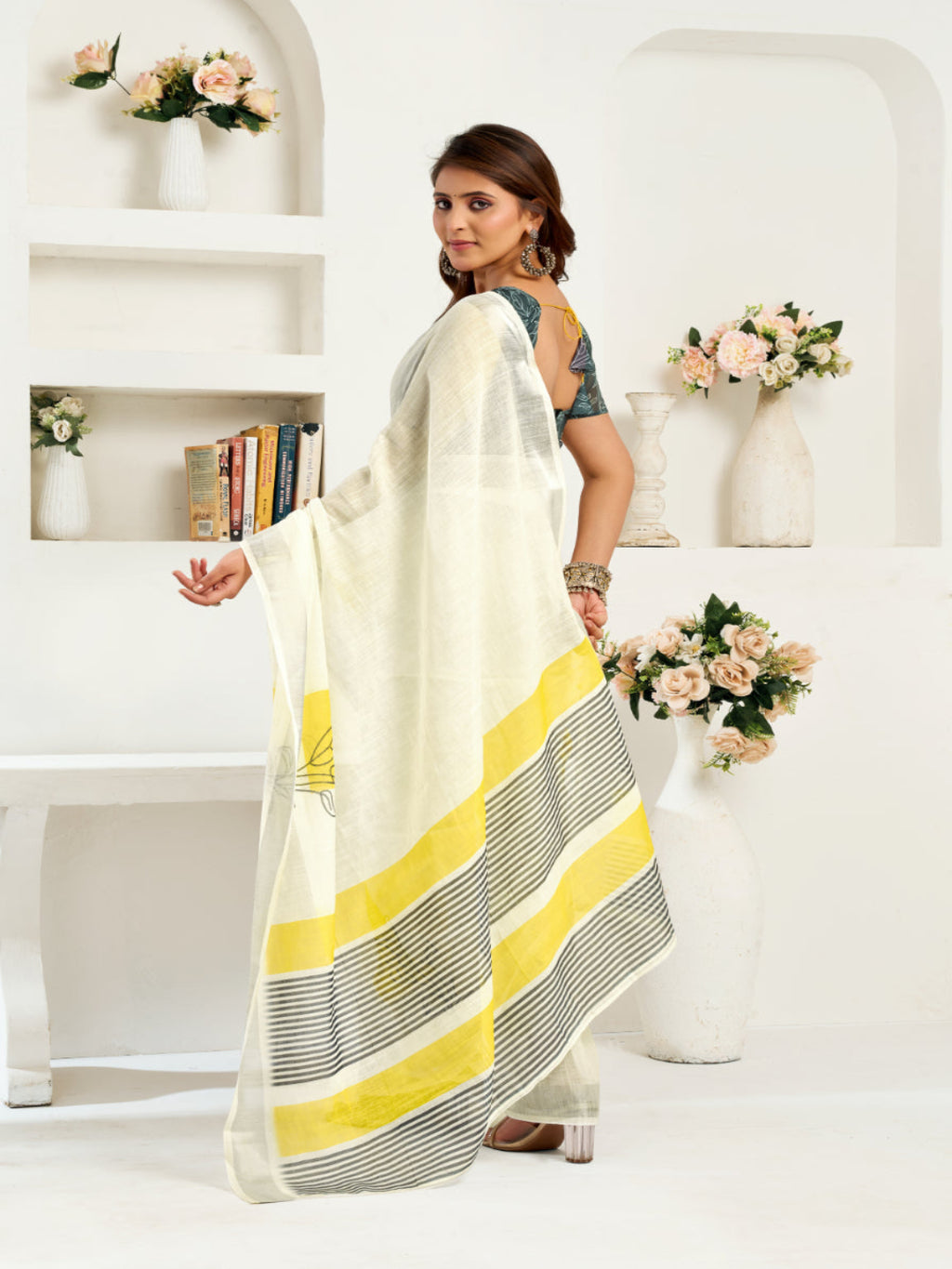 Lightweight Ready-to-Wear Linen Saree in White