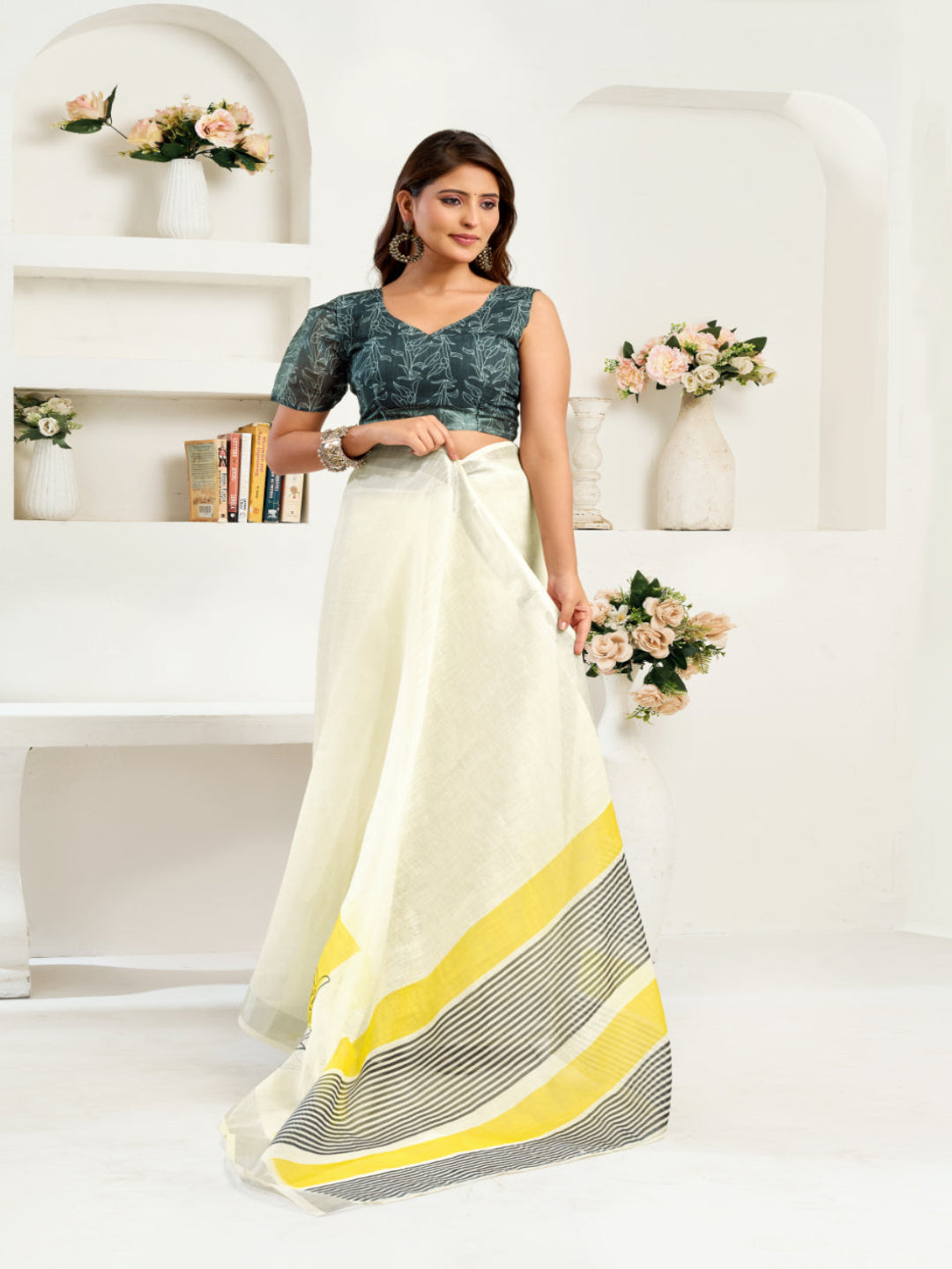 Lightweight Ready-to-Wear Linen Saree in White
