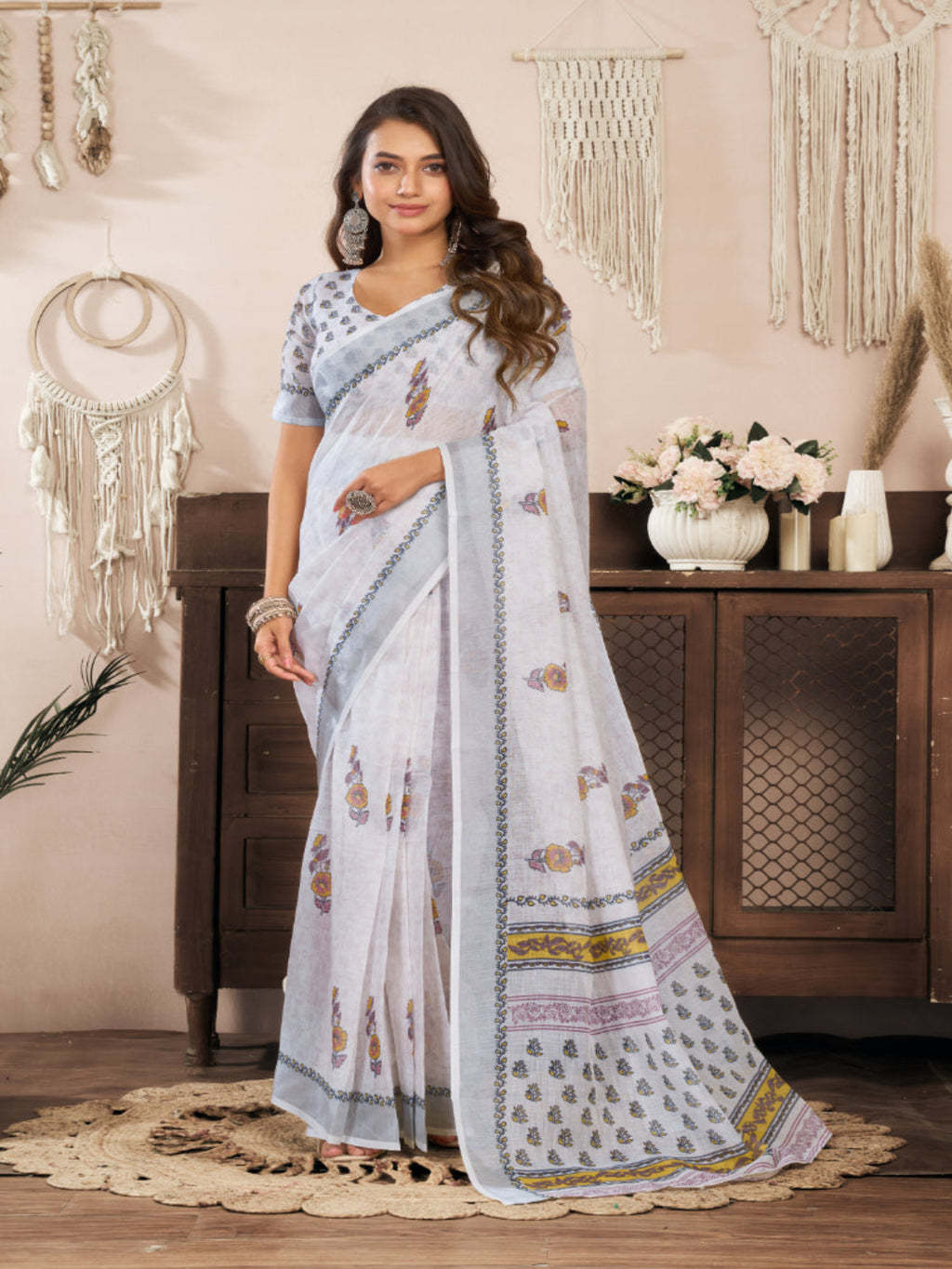 Off White Linen Printed ready to wear Saree with Zari Border