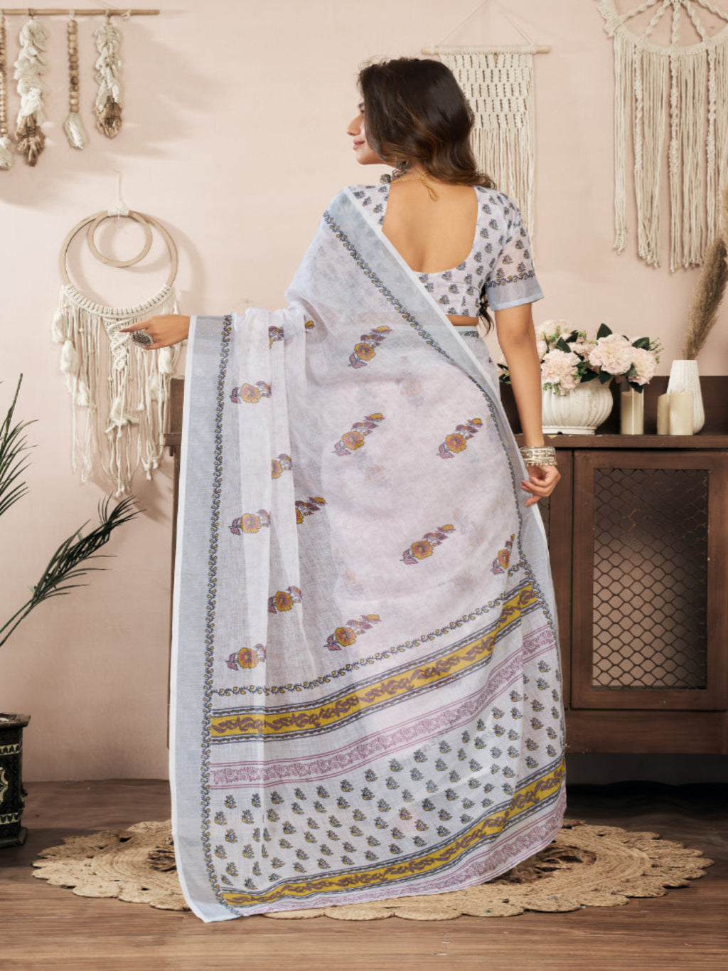 Off White Linen Printed ready to wear Saree with Zari Border