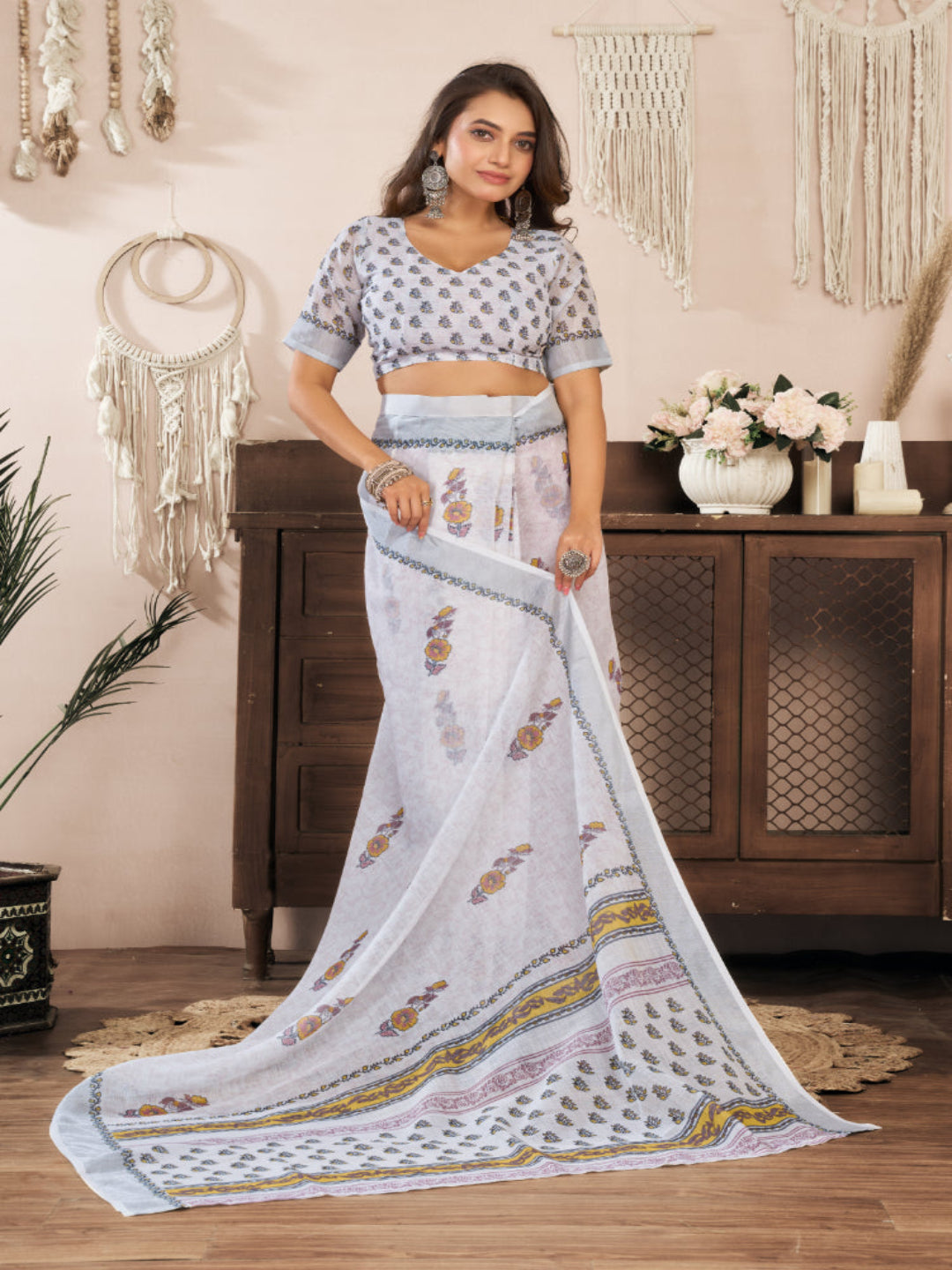 Off White Linen Printed ready to wear Saree with Zari Border