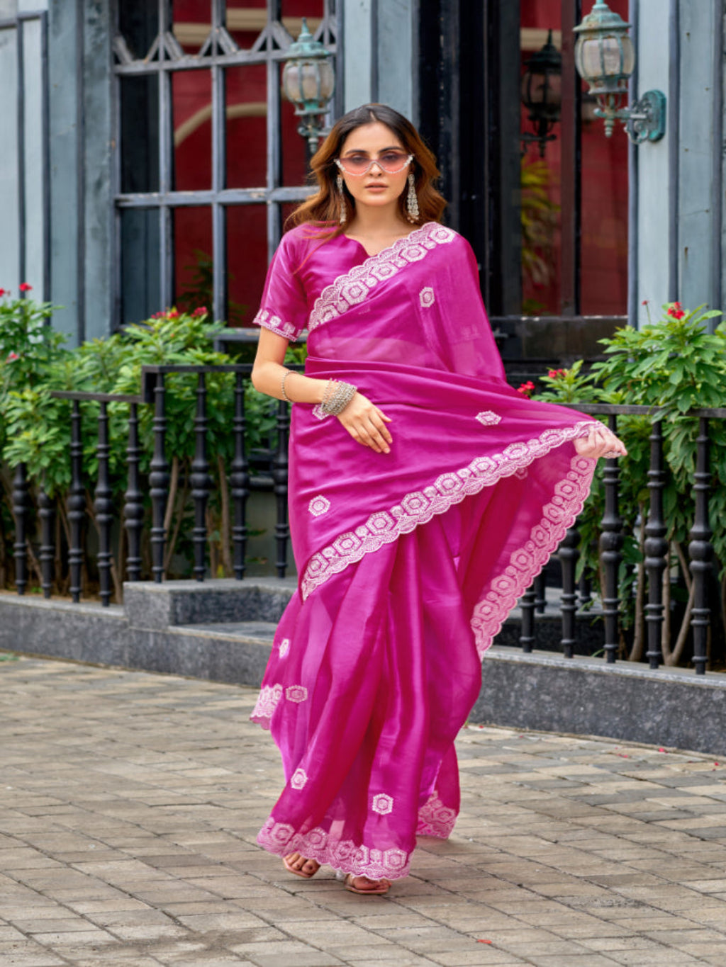 Radiant Magenta Shimmer Chiffon Saree with Embroidered Scalloped Border