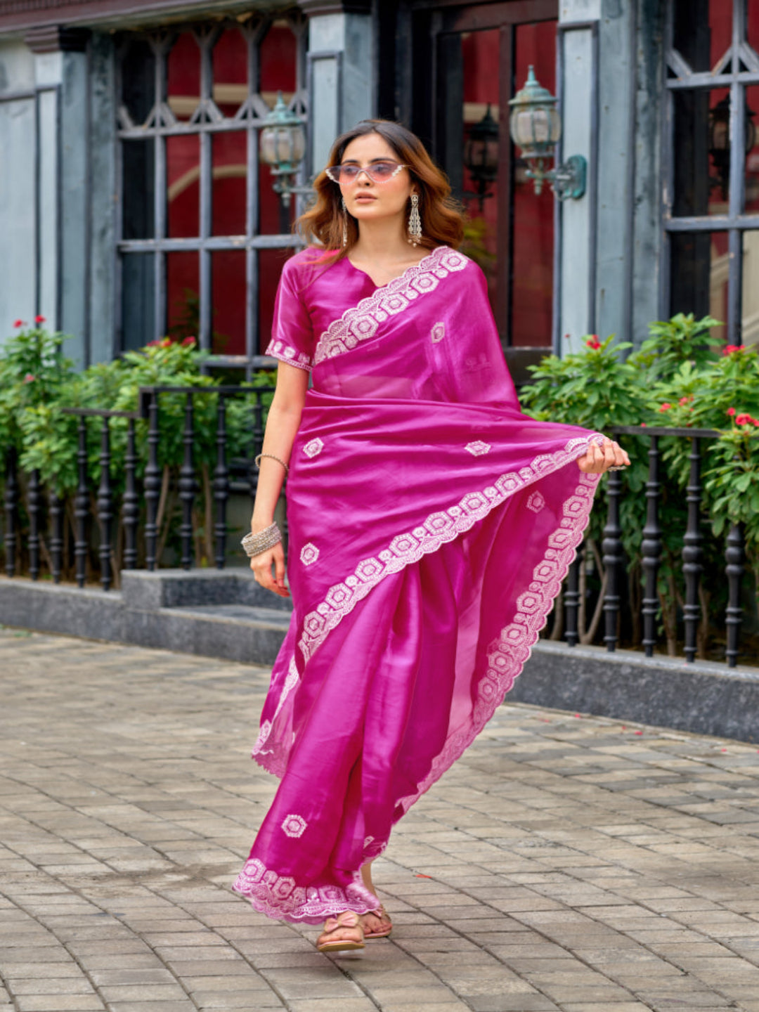 Radiant Magenta Shimmer Chiffon Saree with Embroidered Scalloped Border