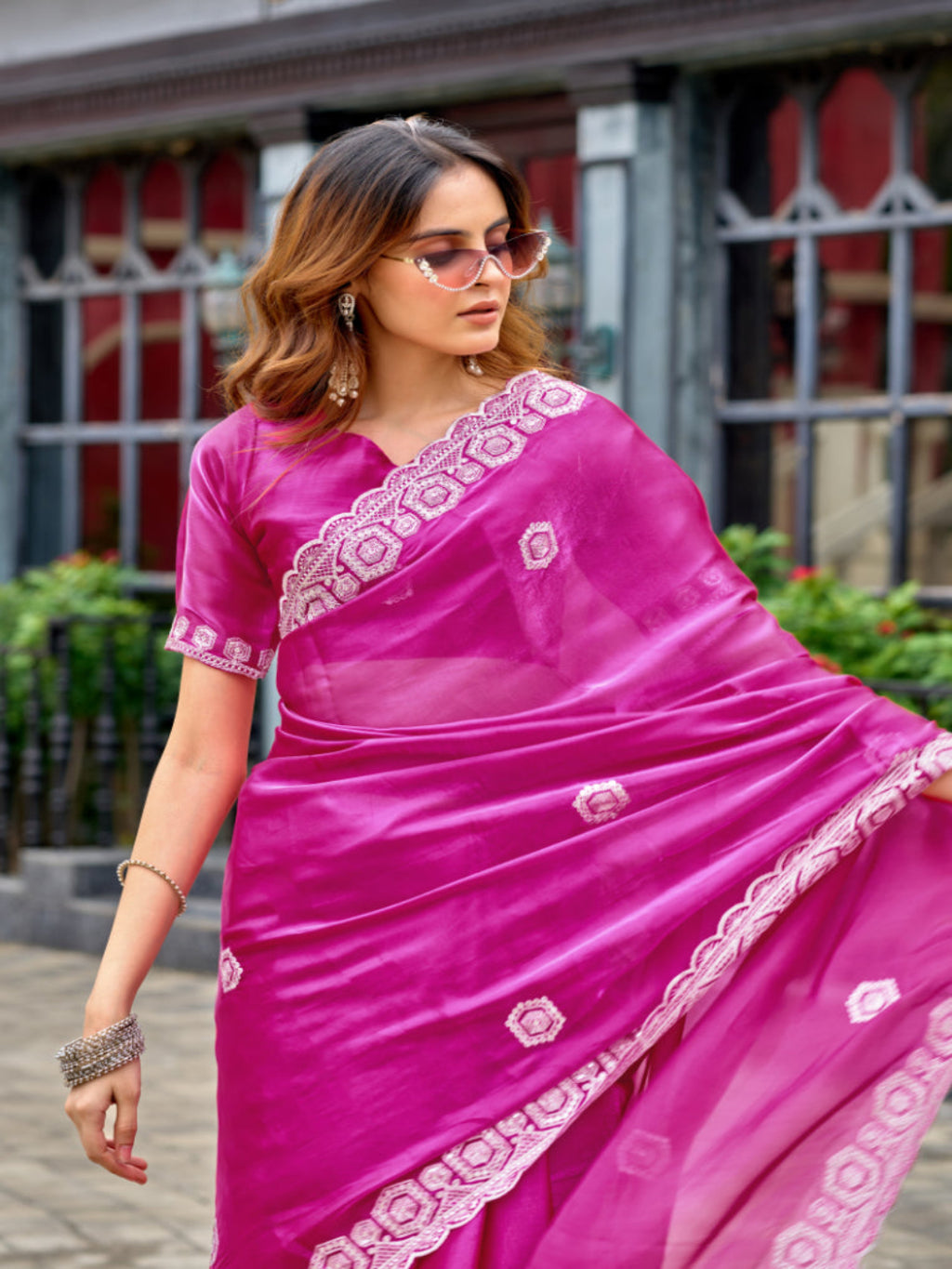 Radiant Magenta Shimmer Chiffon Saree with Embroidered Scalloped Border
