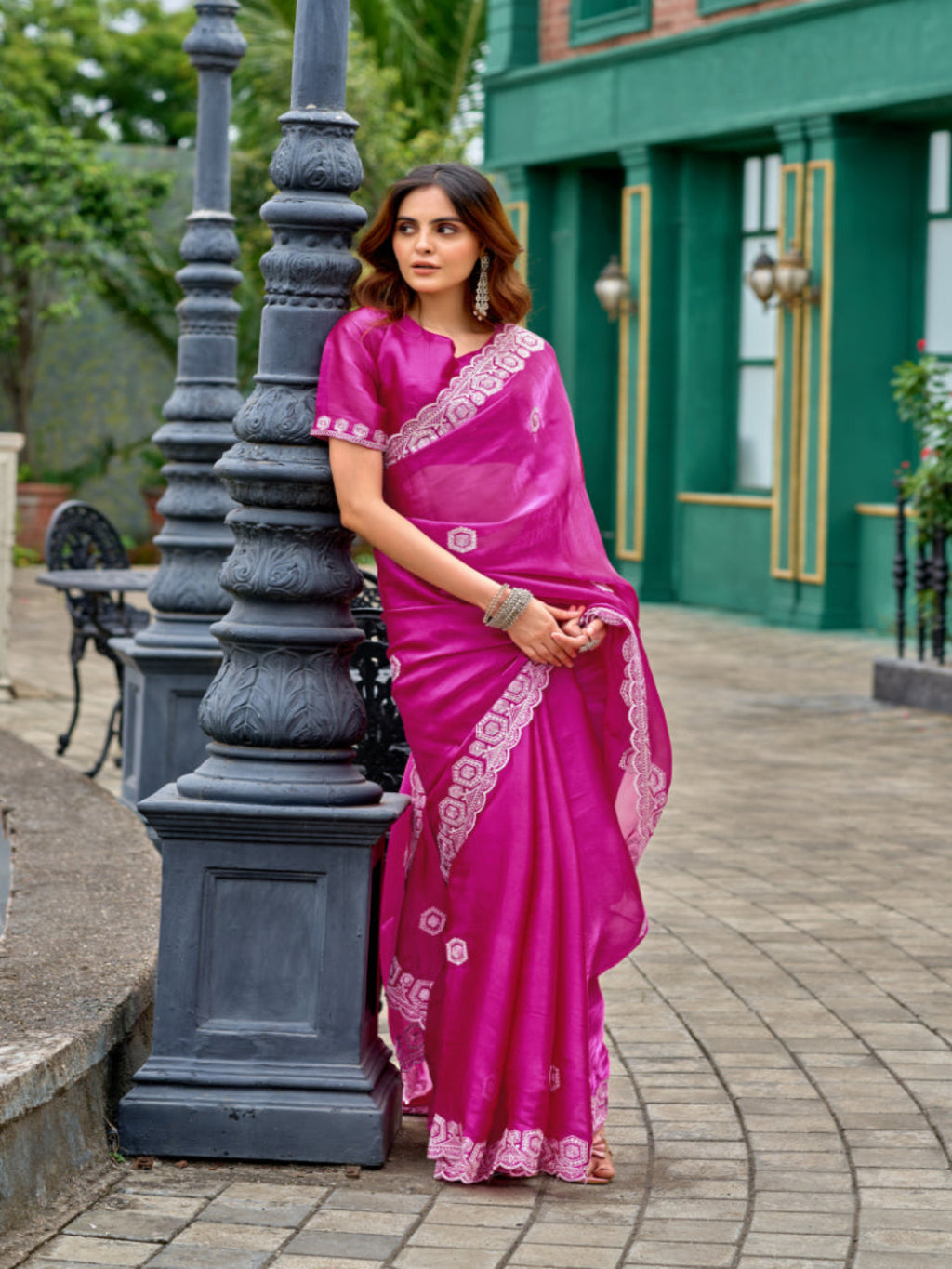 Radiant Magenta Shimmer Chiffon Saree with Embroidered Scalloped Border