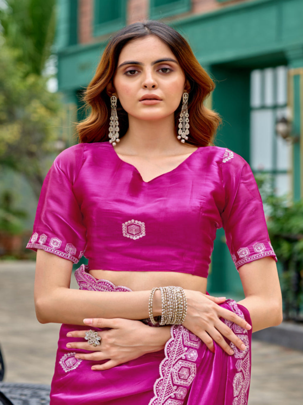 Radiant Magenta Shimmer Chiffon Saree with Embroidered Scalloped Border