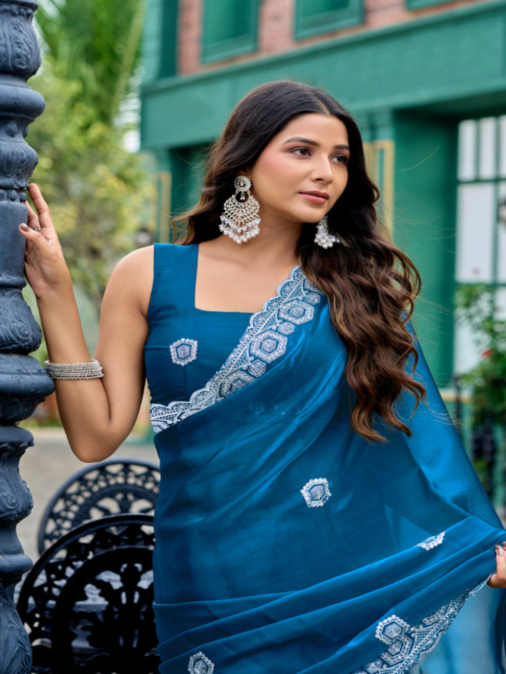 Radiant Magenta Shimmer Chiffon Saree with Embroidered Scalloped Border