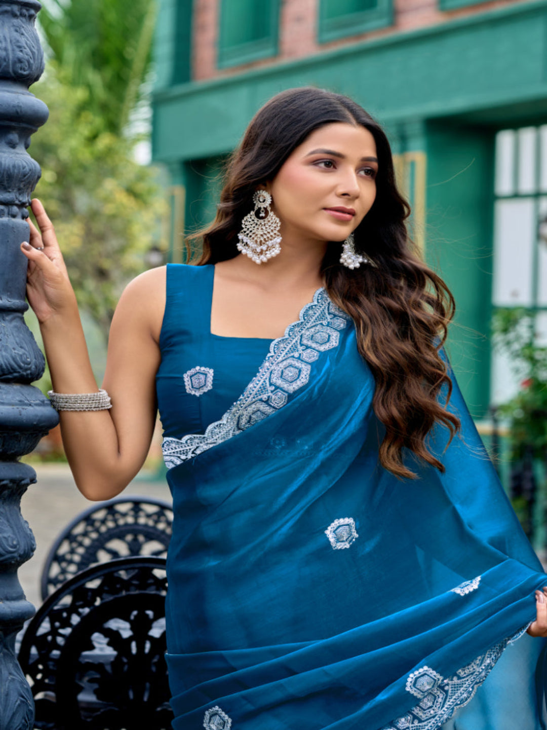 Radiant Magenta Shimmer Chiffon Saree with Embroidered Scalloped Border