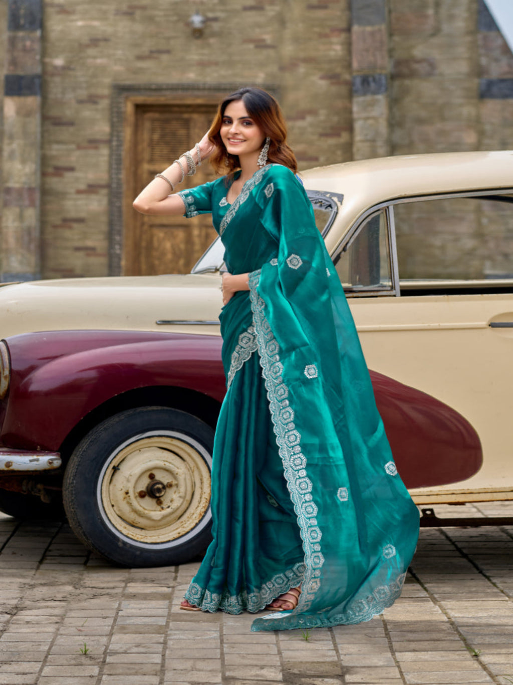 Radiant Magenta Shimmer Chiffon Saree with Embroidered Scalloped Border