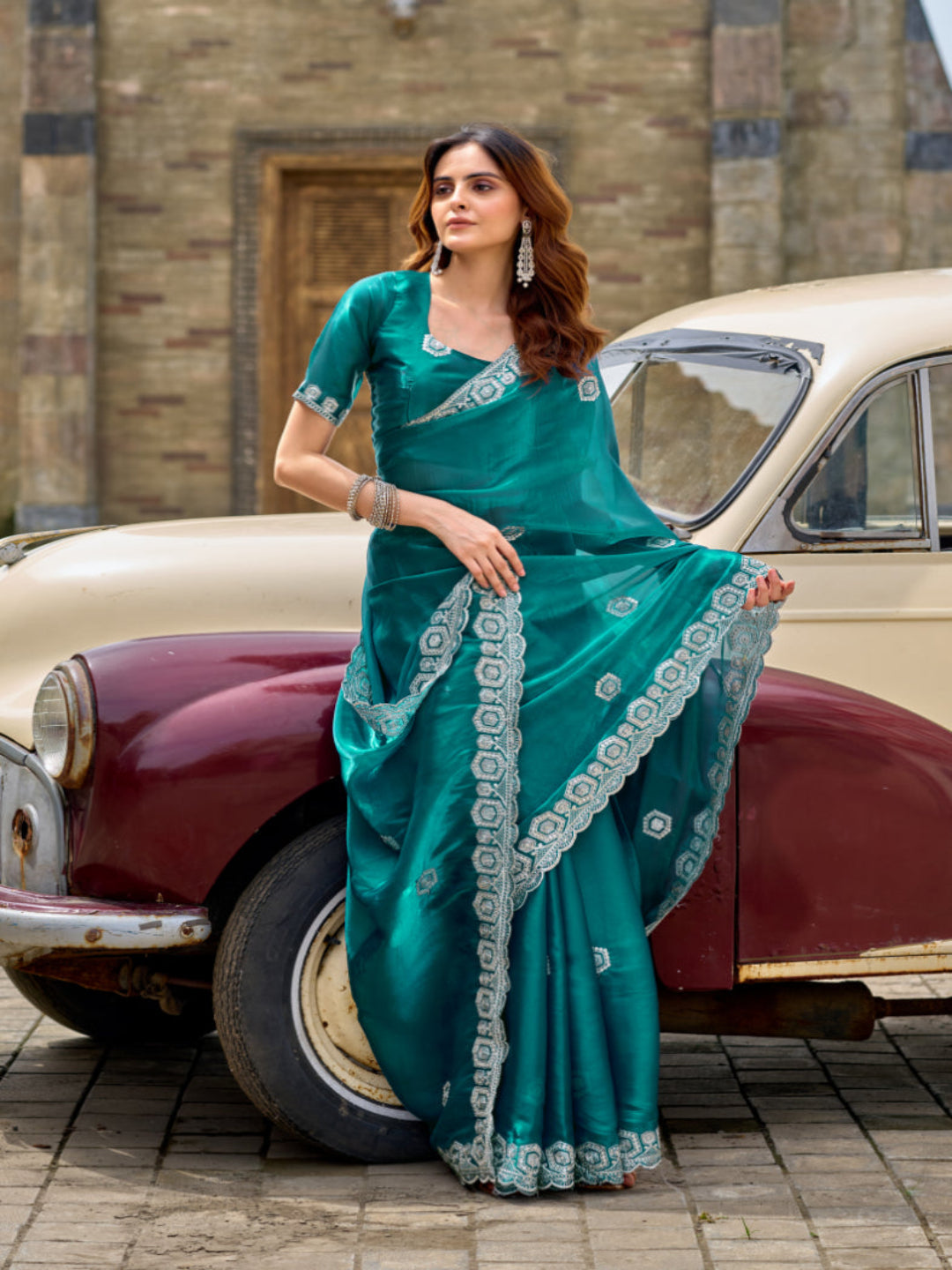 Radiant Magenta Shimmer Chiffon Saree with Embroidered Scalloped Border