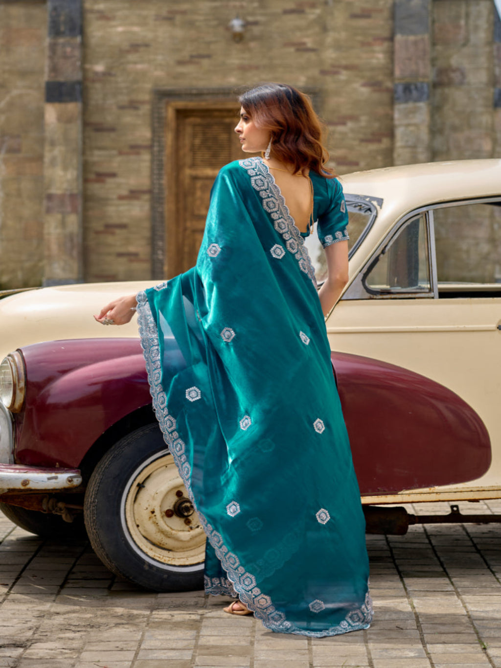 Radiant Magenta Shimmer Chiffon Saree with Embroidered Scalloped Border