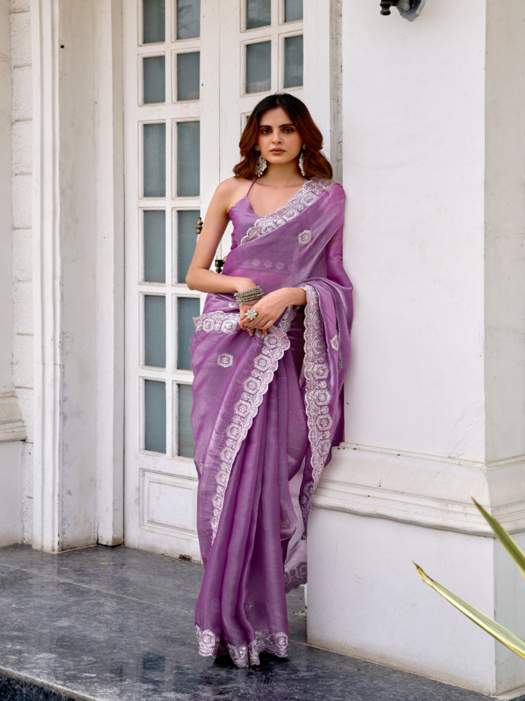 Radiant Magenta Shimmer Chiffon Saree with Embroidered Scalloped Border