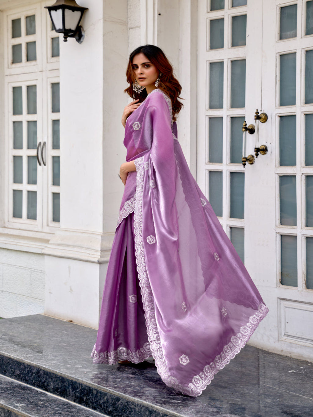 Radiant Magenta Shimmer Chiffon Saree with Embroidered Scalloped Border