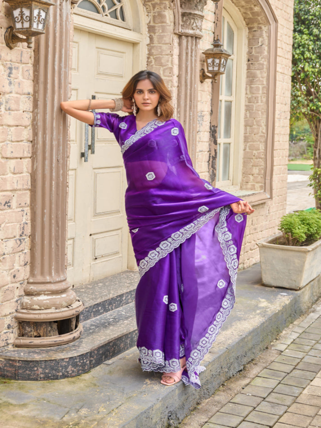 Radiant Magenta Shimmer Chiffon Saree with Embroidered Scalloped Border