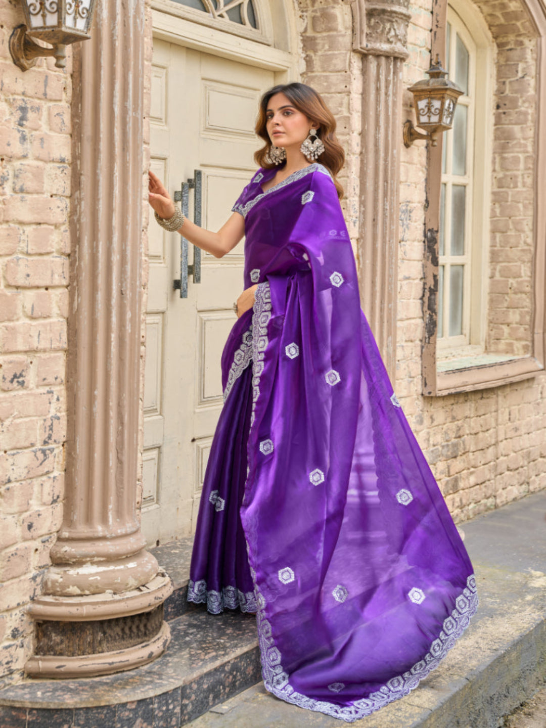 Radiant Magenta Shimmer Chiffon Saree with Embroidered Scalloped Border