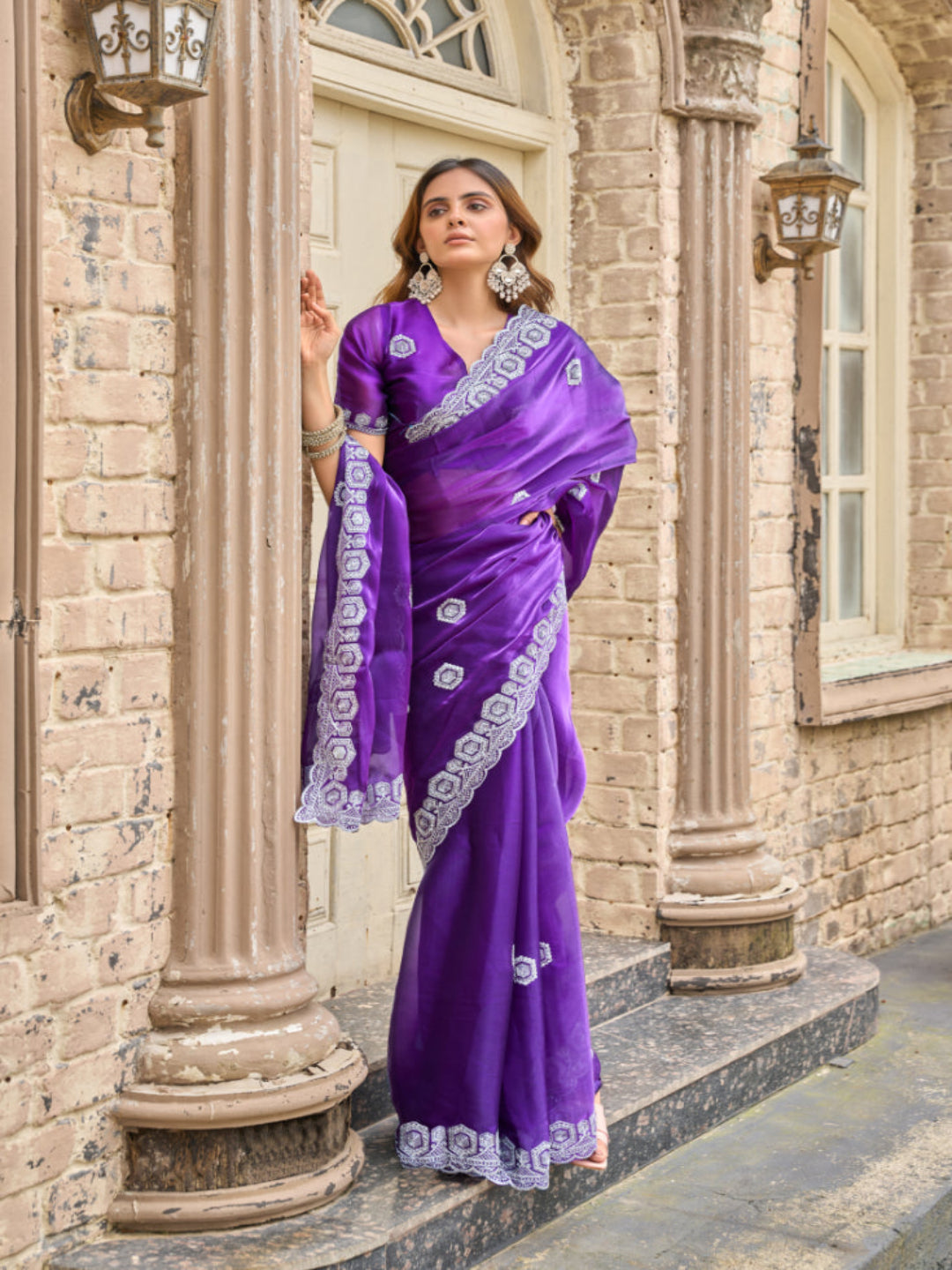 Radiant Magenta Shimmer Chiffon Saree with Embroidered Scalloped Border
