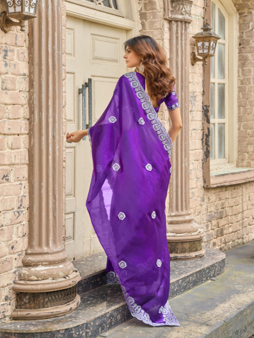 Radiant Magenta Shimmer Chiffon Saree with Embroidered Scalloped Border