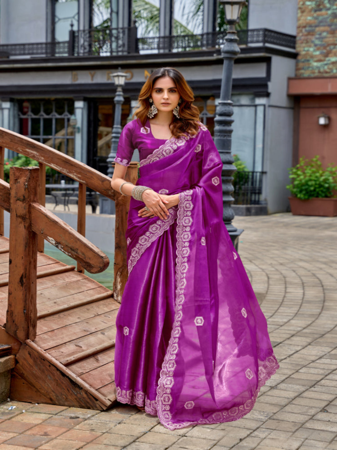 Radiant Magenta Shimmer Chiffon Saree with Embroidered Scalloped Border