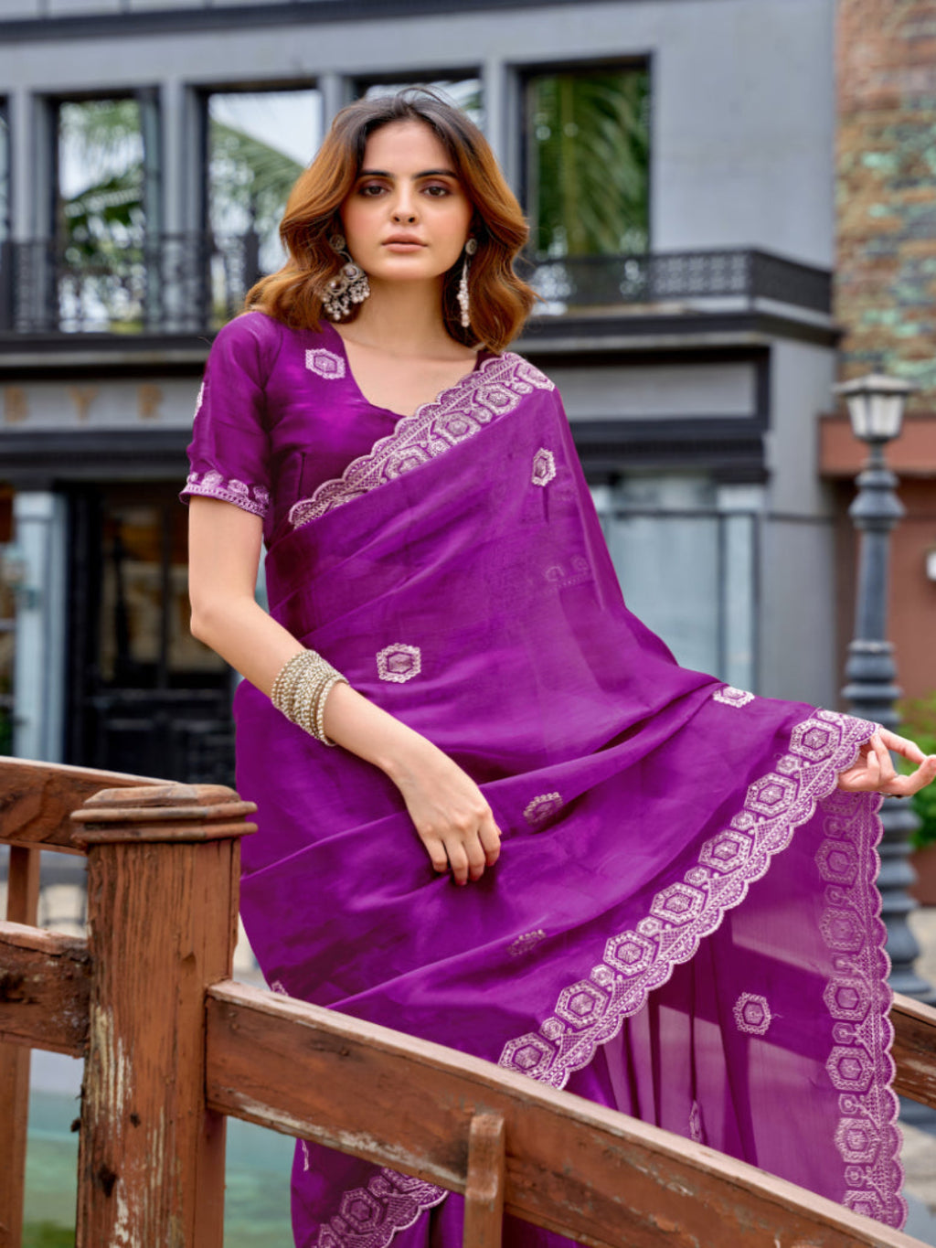 Radiant Magenta Shimmer Chiffon Saree with Embroidered Scalloped Border