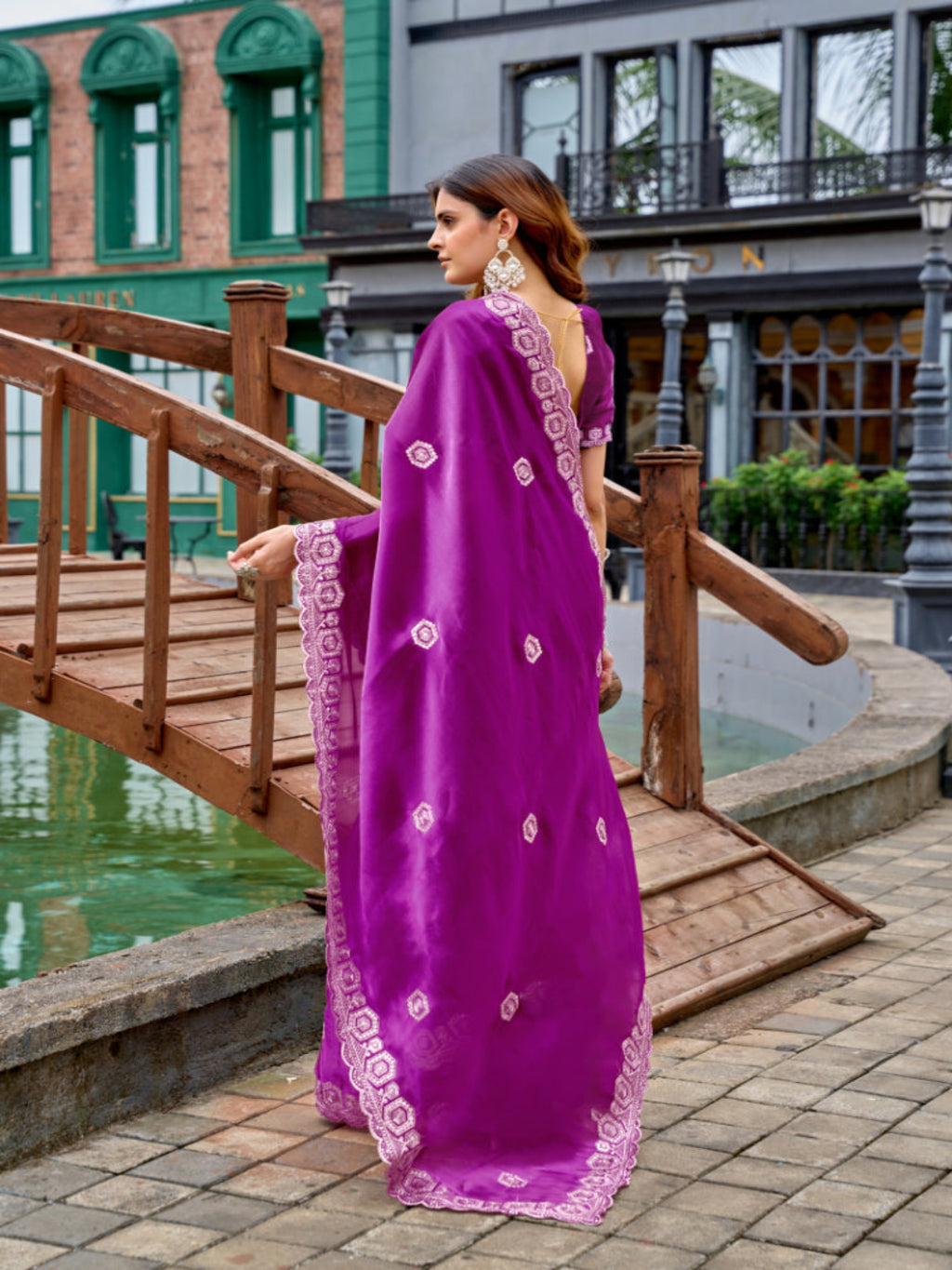 Radiant Magenta Shimmer Chiffon Saree with Embroidered Scalloped Border
