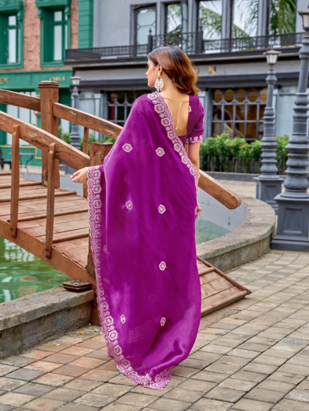 Radiant Magenta Shimmer Chiffon Saree with Embroidered Scalloped Border