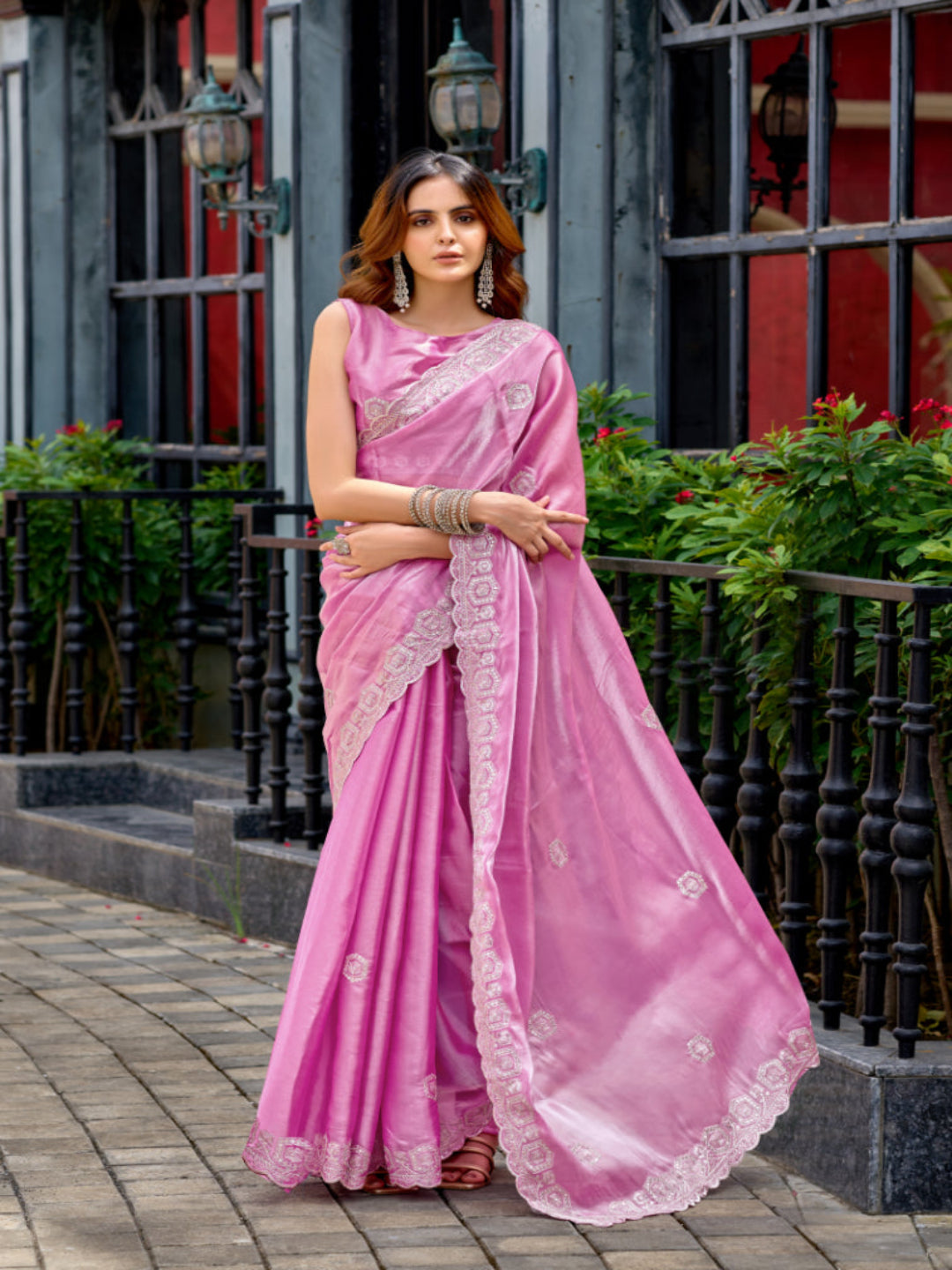 Radiant Magenta Shimmer Chiffon Saree with Embroidered Scalloped Border