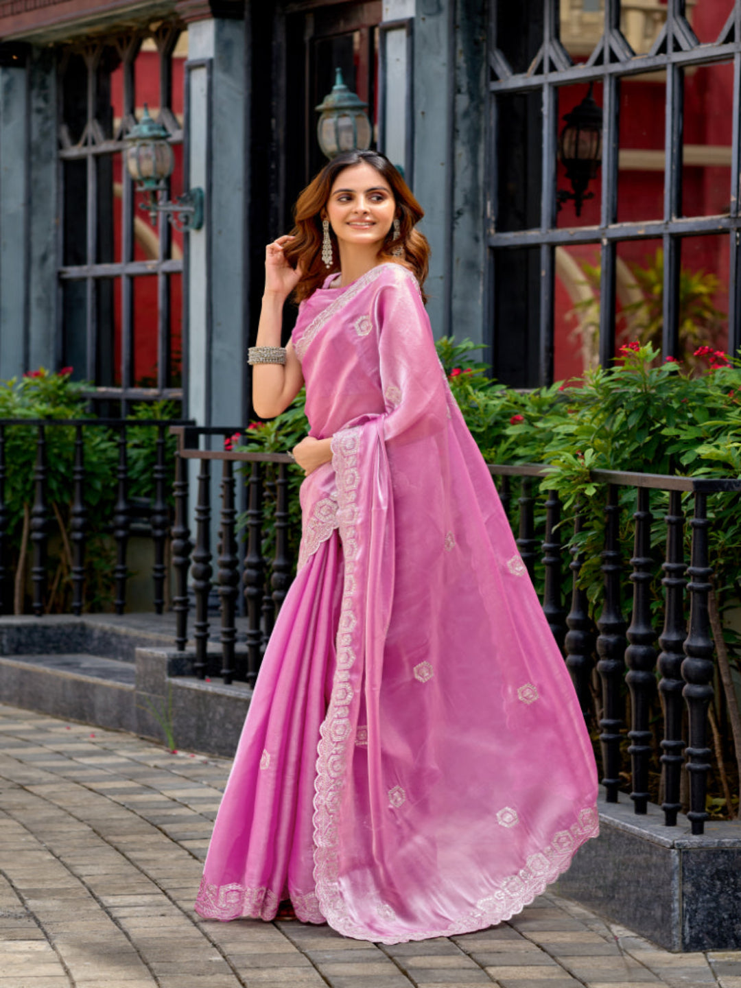 Radiant Magenta Shimmer Chiffon Saree with Embroidered Scalloped Border