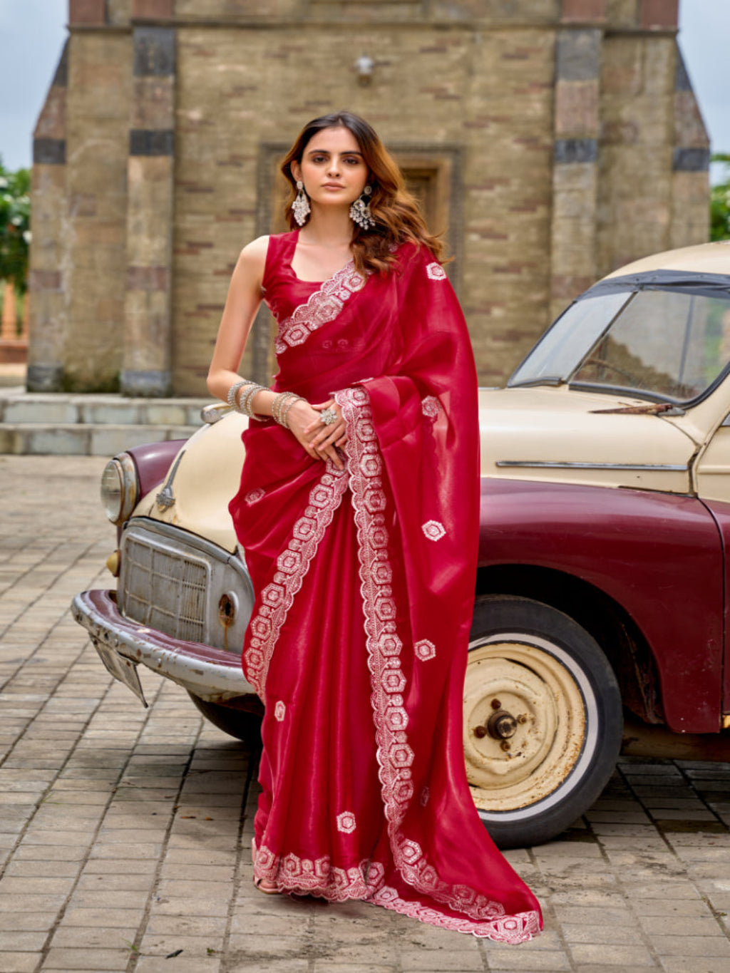 Radiant Magenta Shimmer Chiffon Saree with Embroidered Scalloped Border