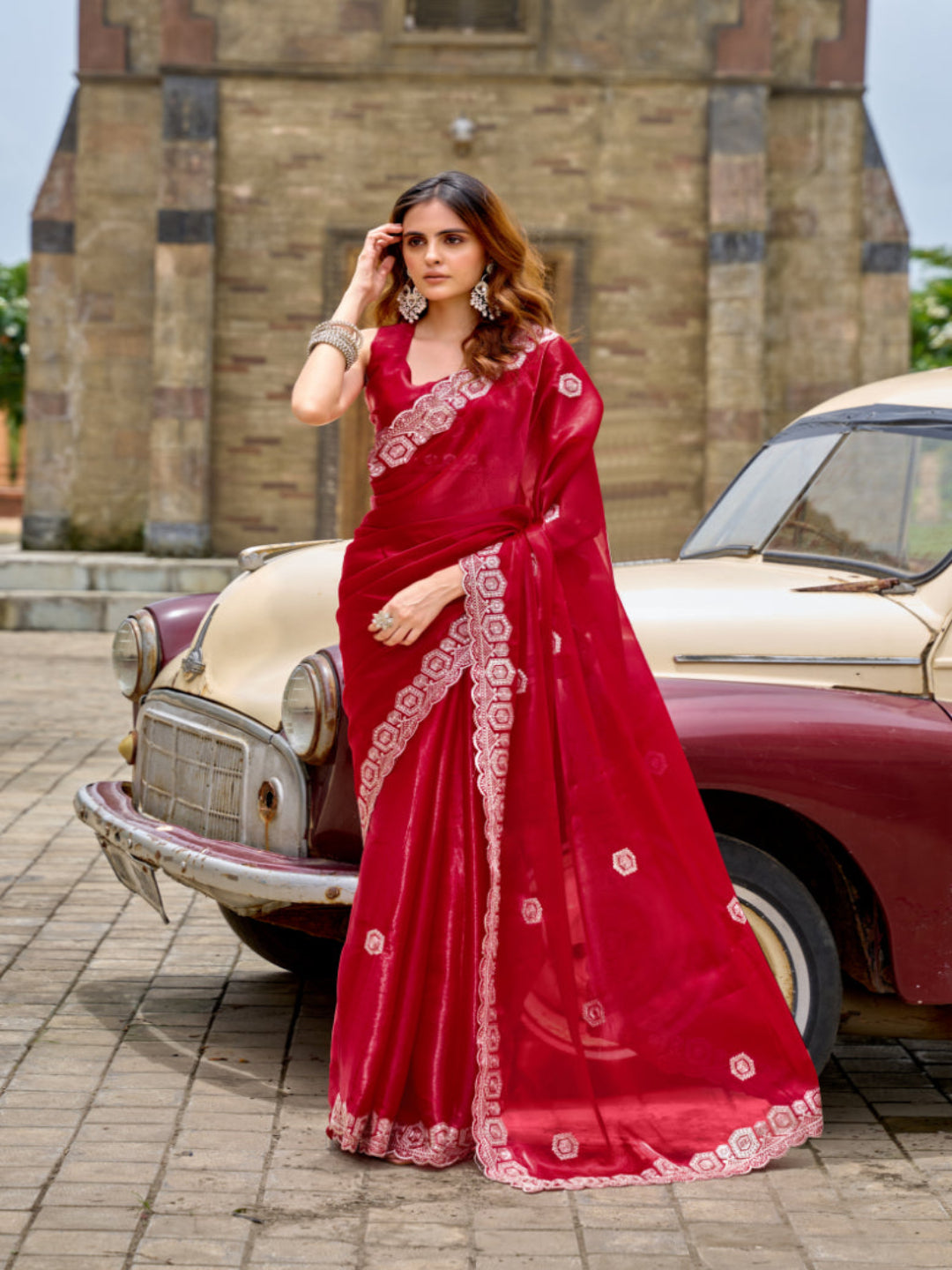 Radiant Magenta Shimmer Chiffon Saree with Embroidered Scalloped Border