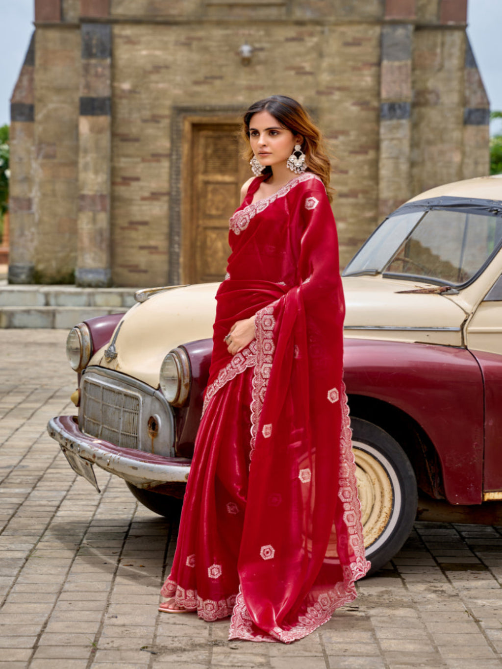Radiant Magenta Shimmer Chiffon Saree with Embroidered Scalloped Border