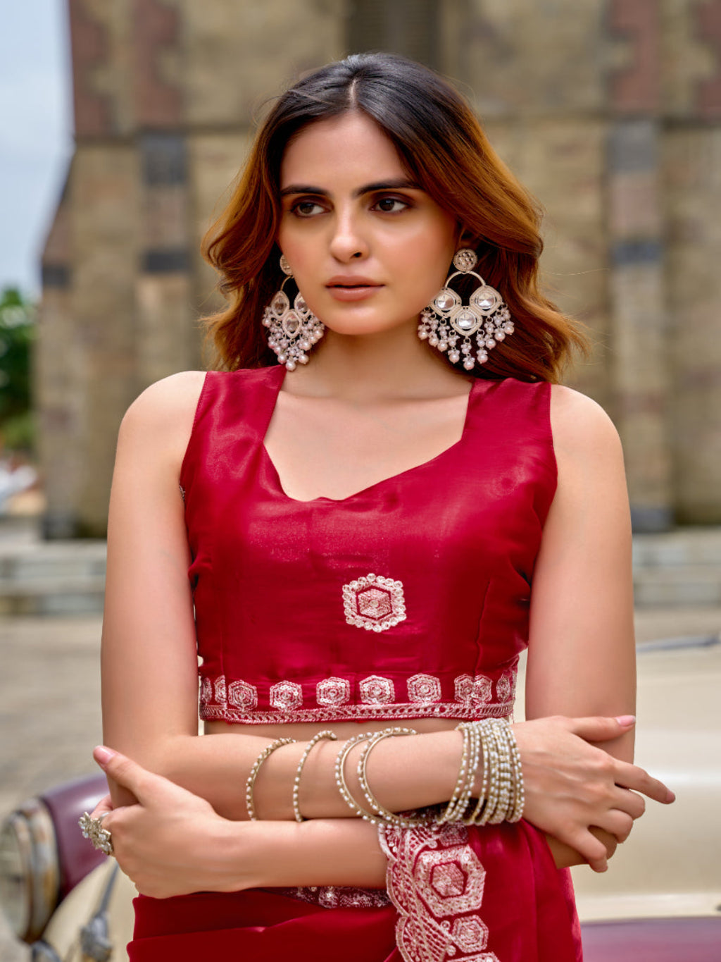 Radiant Magenta Shimmer Chiffon Saree with Embroidered Scalloped Border