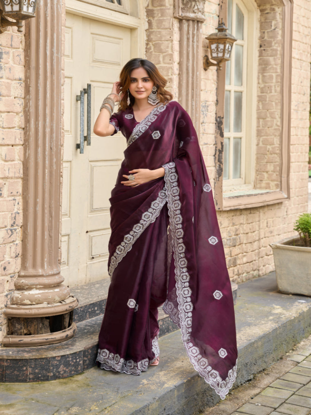 Radiant Magenta Shimmer Chiffon Saree with Embroidered Scalloped Border