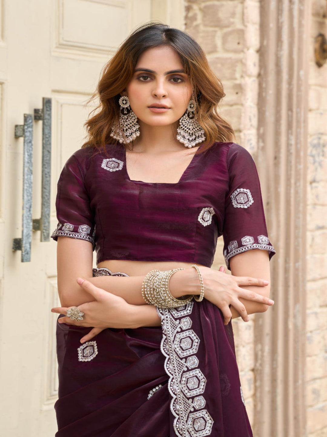 Radiant Magenta Shimmer Chiffon Saree with Embroidered Scalloped Border