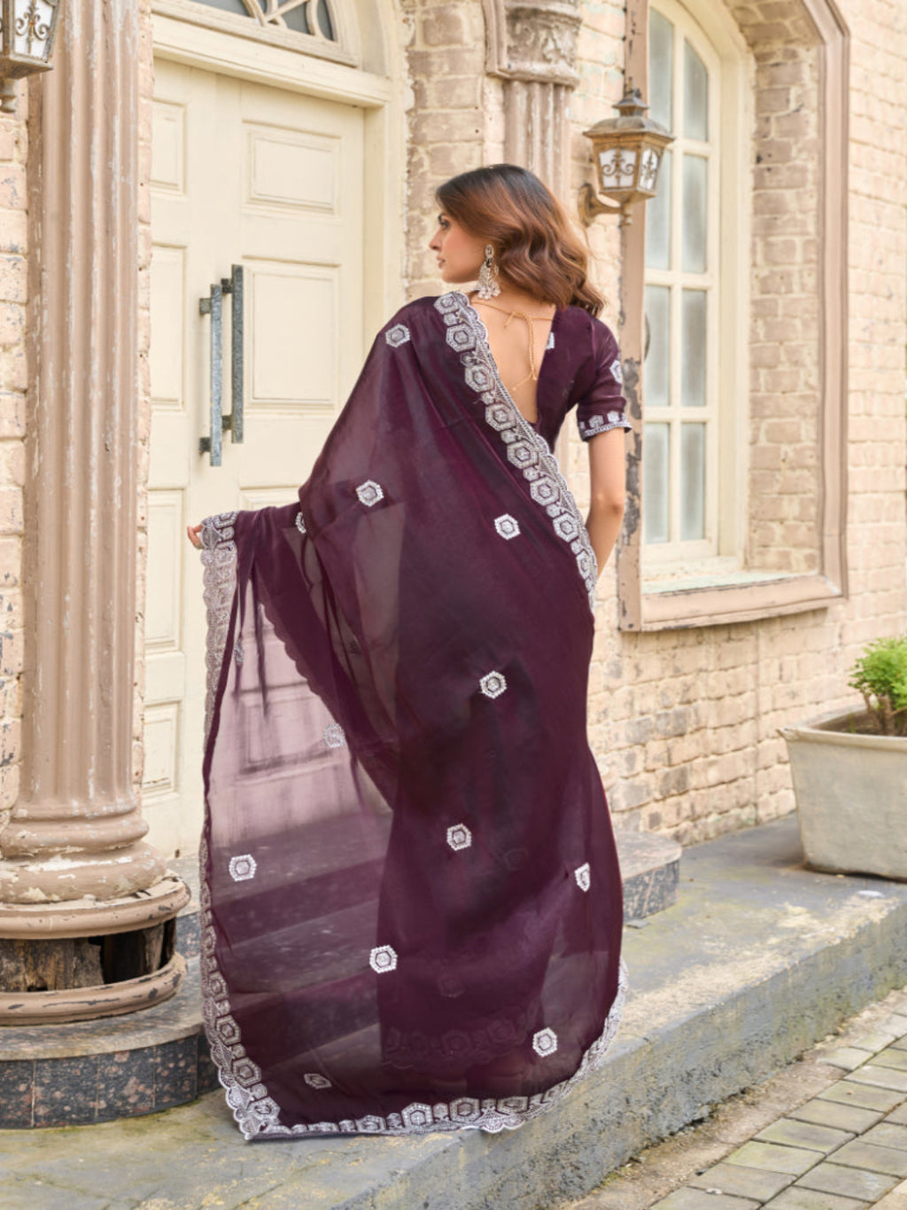 Radiant Magenta Shimmer Chiffon Saree with Embroidered Scalloped Border