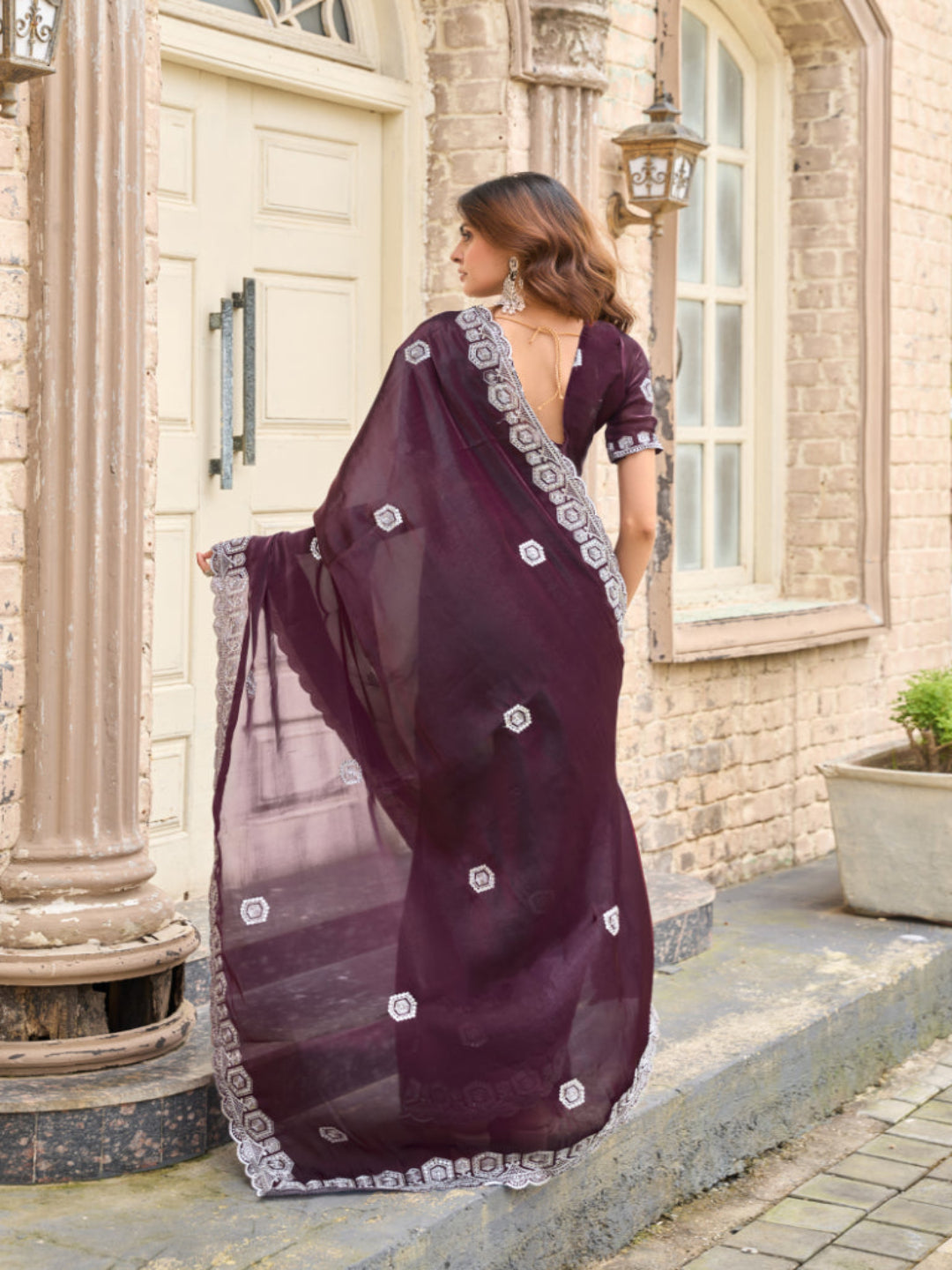 Radiant Magenta Shimmer Chiffon Saree with Embroidered Scalloped Border