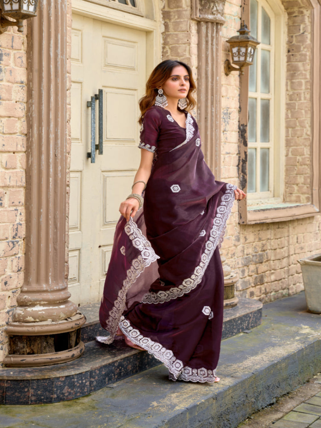 Radiant Magenta Shimmer Chiffon Saree with Embroidered Scalloped Border