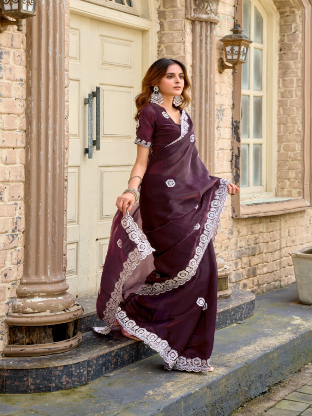 Radiant Magenta Shimmer Chiffon Saree with Embroidered Scalloped Border
