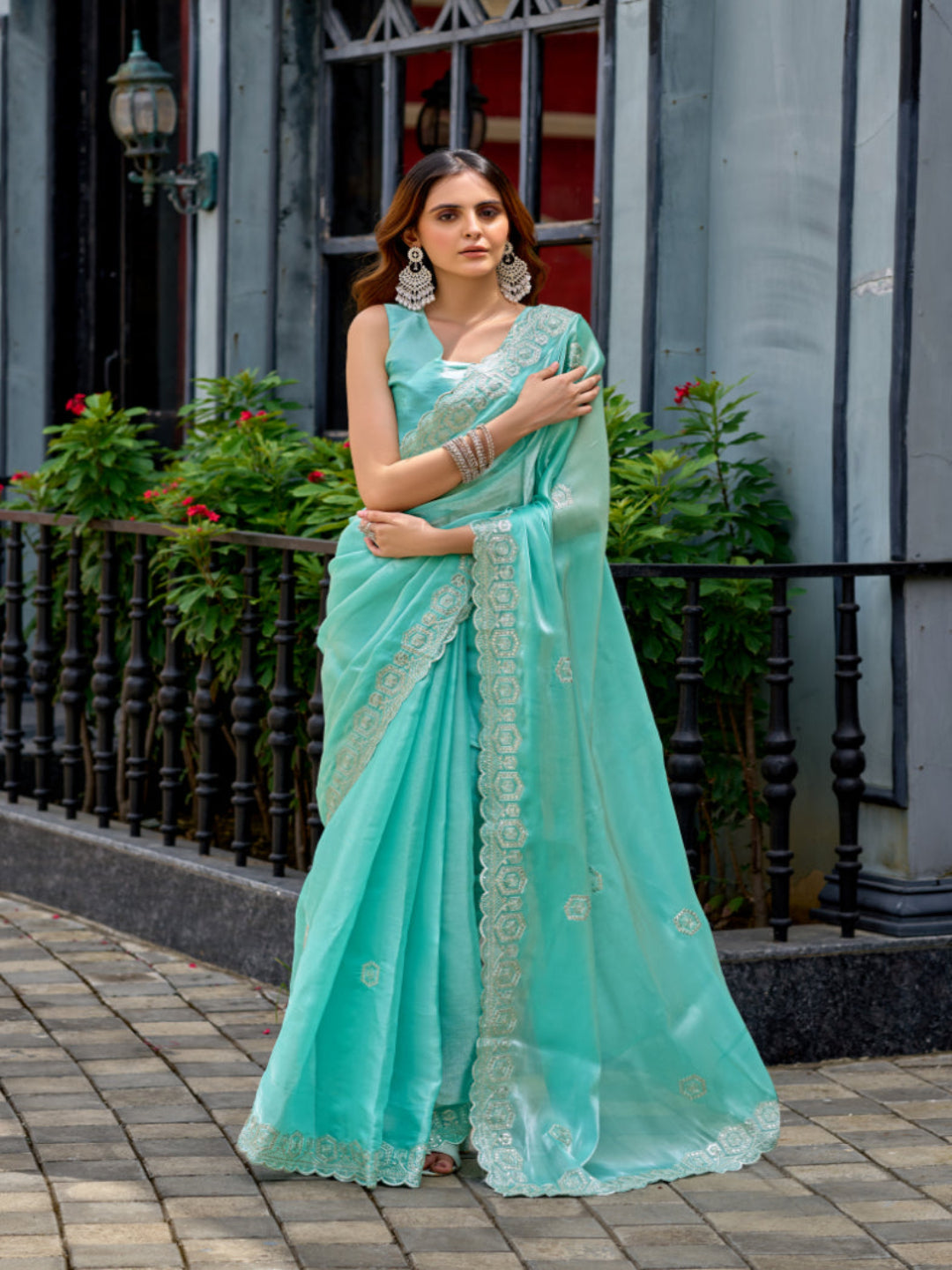 Radiant Magenta Shimmer Chiffon Saree with Embroidered Scalloped Border
