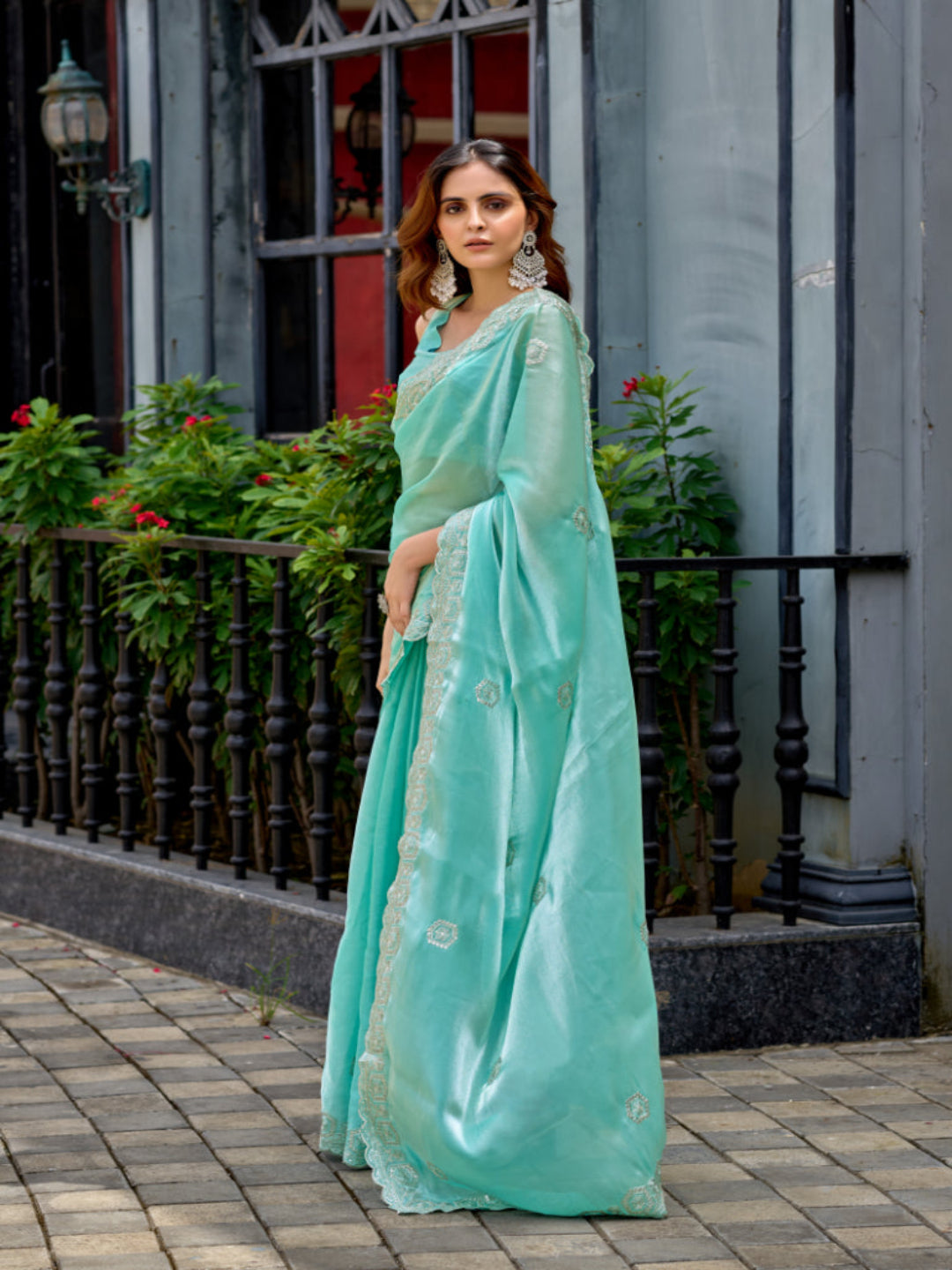 Radiant Magenta Shimmer Chiffon Saree with Embroidered Scalloped Border