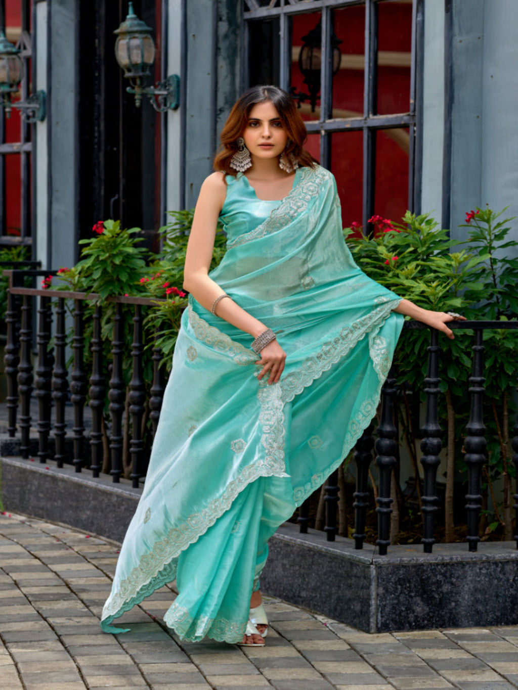 Radiant Magenta Shimmer Chiffon Saree with Embroidered Scalloped Border