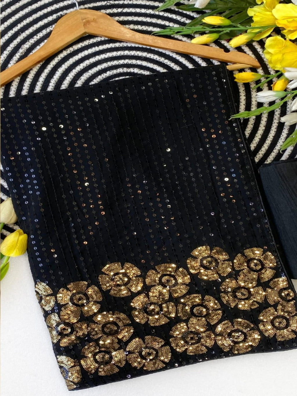 Glamorous Black Sequin Saree with Floral Embellished Border
