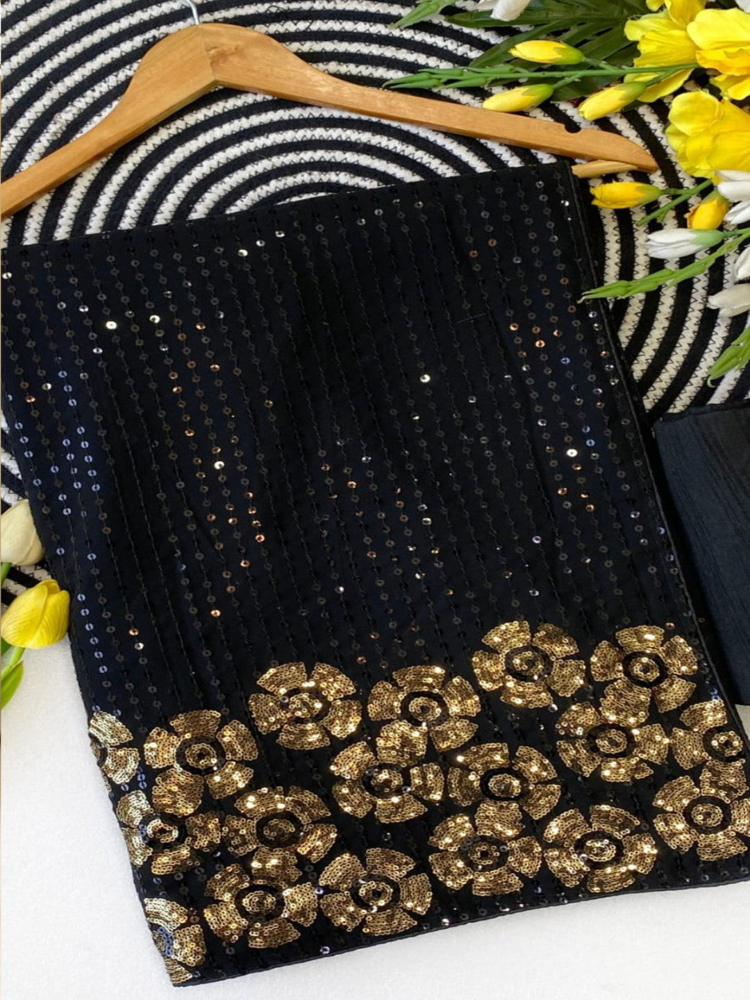 Glamorous Black Sequin Saree with Floral Embellished Border