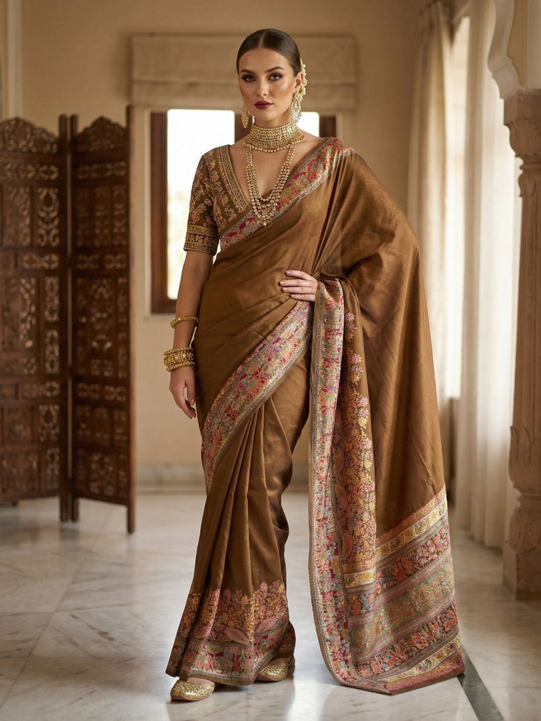 Elegant Cream Pashmina Silk Saree with Traditional Borders