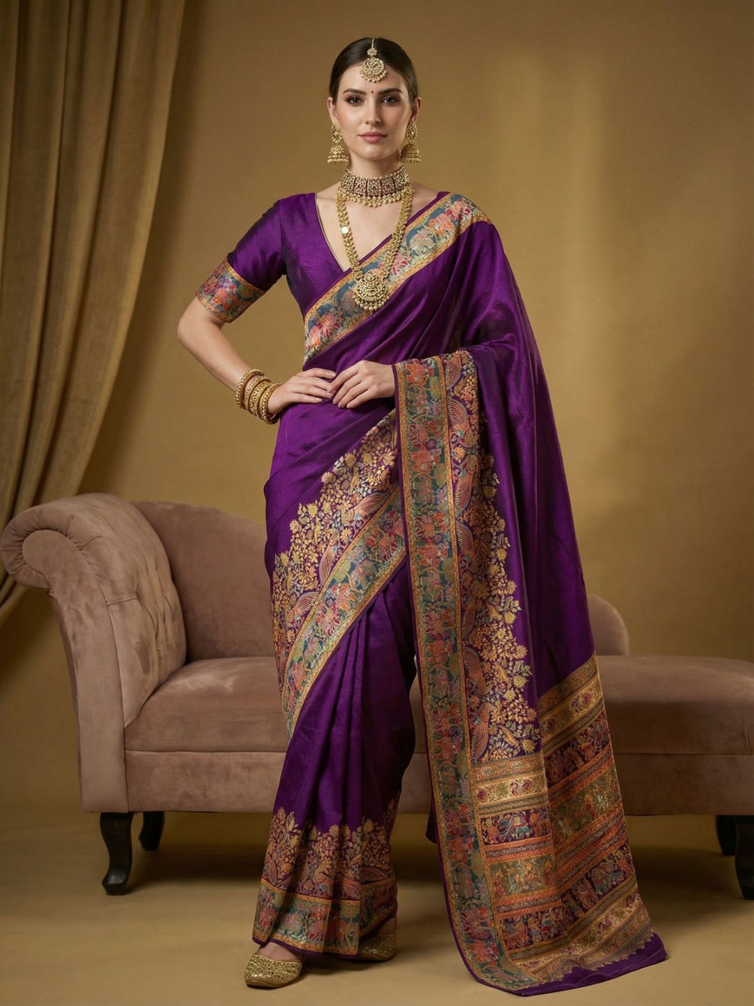 Elegant Cream Pashmina Silk Saree with Traditional Borders