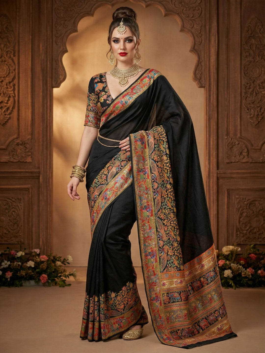 Elegant Cream Pashmina Silk Saree with Traditional Borders