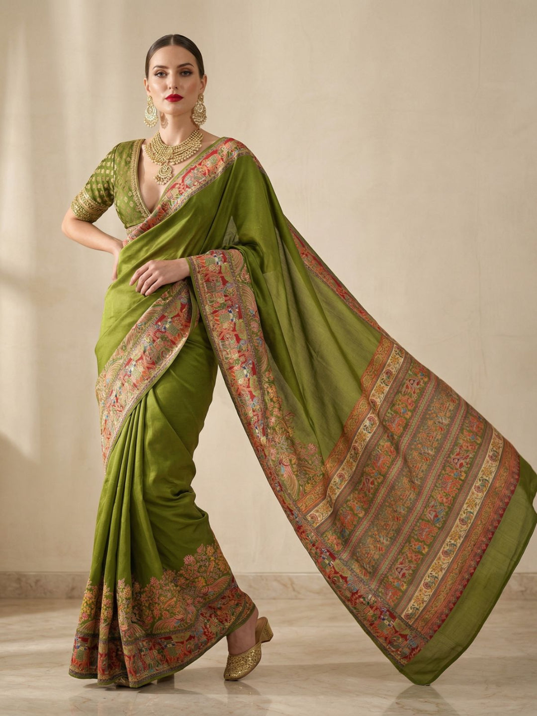 Elegant Cream Pashmina Silk Saree with Traditional Borders